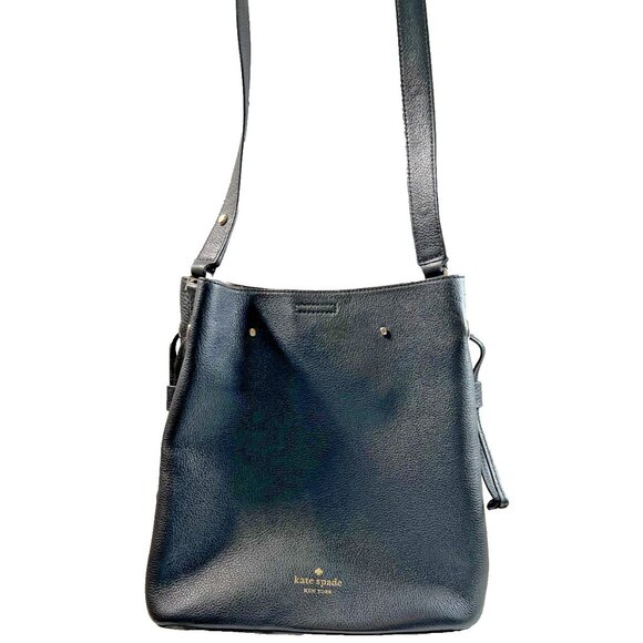 Kate Spade Black Crossbody Bucket Bag Womens Black Pebbled Leather Gold Accent - Picture 2 of 8
